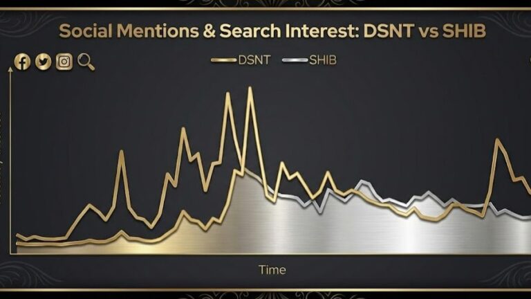 Chart showing social mentions and search interest for DSNT vs SHIB