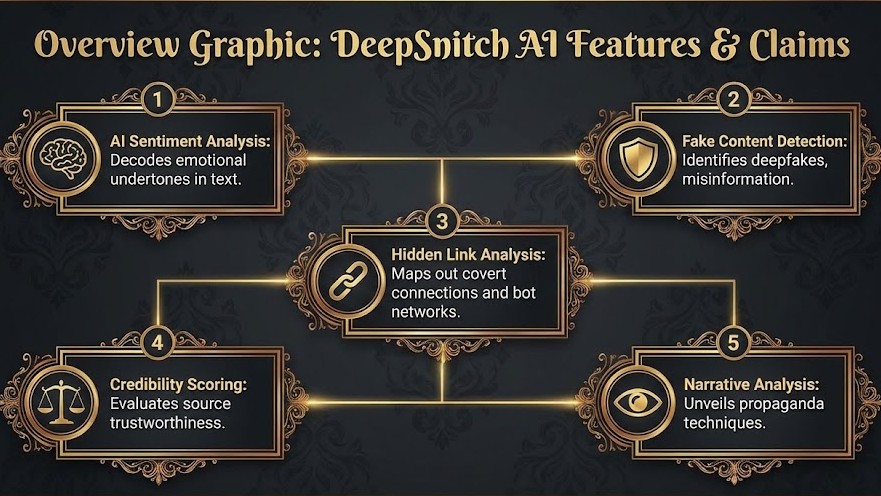 Overview graphic explaining DeepSnitch AI features and claims