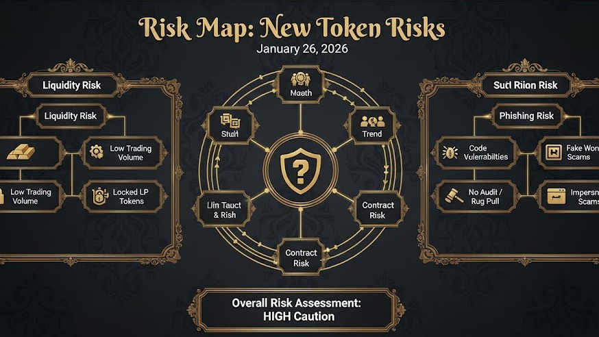 Risk map showing liquidity, contract, and phishing risks for new tokens