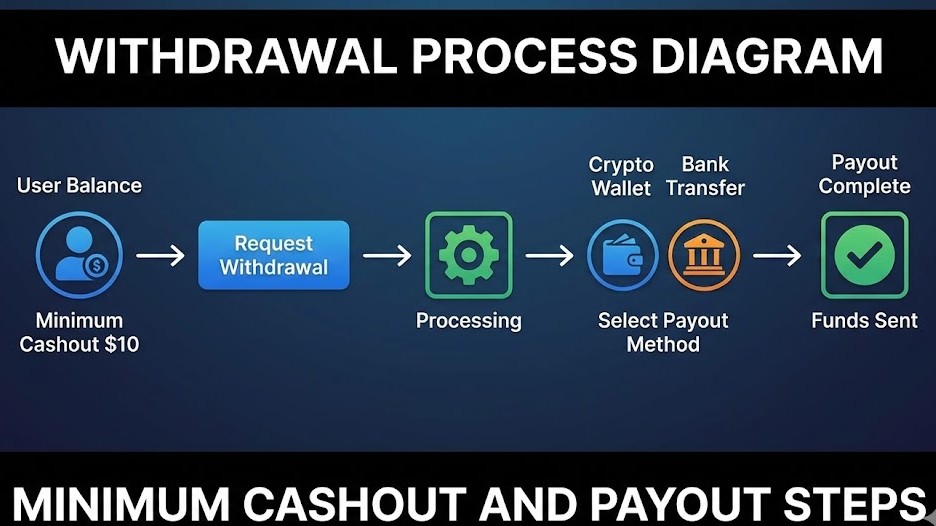 Withdrawal process diagram with minimum cashout and payout steps