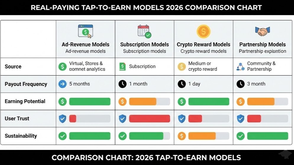 Comparison chart of real-paying tap-to-earn models in 2026