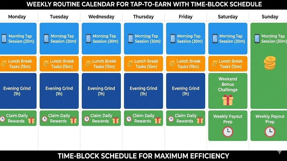 Weekly routine calendar for tap-to-earn with time-block schedule