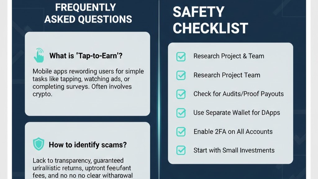 FAQ and checklist graphic for safe tap-to-earn steps in 2026
