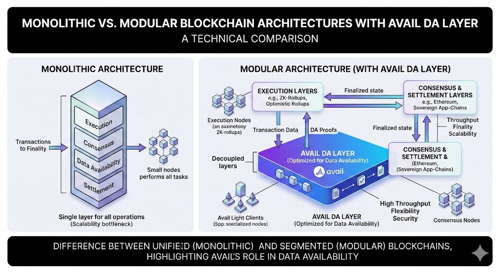 Diagram illustrating the difference between monolithic and modular blockchain architectures with Avail DA layer.