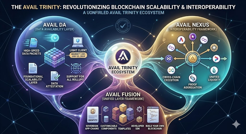Infographic of the Avail Trinity ecosystem components featuring Avail DA, Avail Nexus, and Avail Fusion.