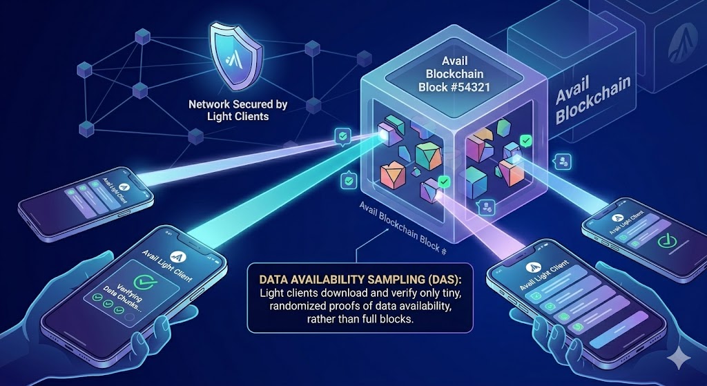 Visual representation of Data Availability Sampling and light clients securing the Avail network on mobile devices.