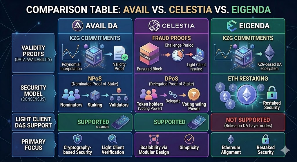 Comparison table between Avail vs Celestia vs EigenDA highlighting differences in validity proofs and security.