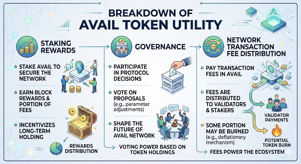 Breakdown of AVAIL token utility including staking rewards, governance, and network transaction fee distribution.