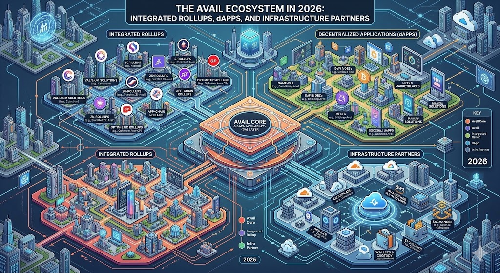 Map of the Avail ecosystem in 2026 showing integrated rollups, decentralized applications, and infrastructure partners.