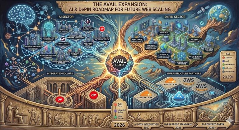 Conceptual roadmap of Avail's expansion into AI and DePIN sectors for the future of decentralized web scaling.